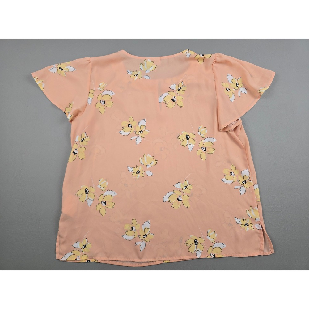 Liz Claiborne Peach Floral Ruffle Flutter Sleeve Keyhole Blouse Large - Picture 2 of 7